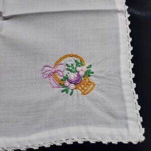 Balassa Handcrafted Embroidered Handkerchief Easter Basket Full of Purple Flower